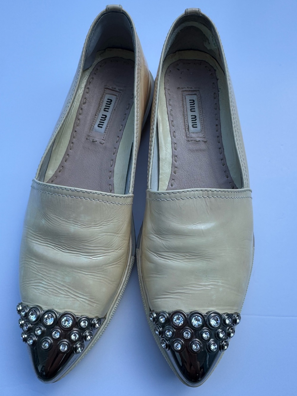 Miu Miu Patent Leather Crystal Cap Toe Flats Size 37
